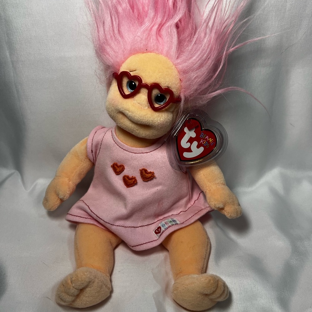 VTG Ty Beanie Kids LUVIE Bean Bag Plush Pink‎ Hair Red Glasses W/Tags Toy